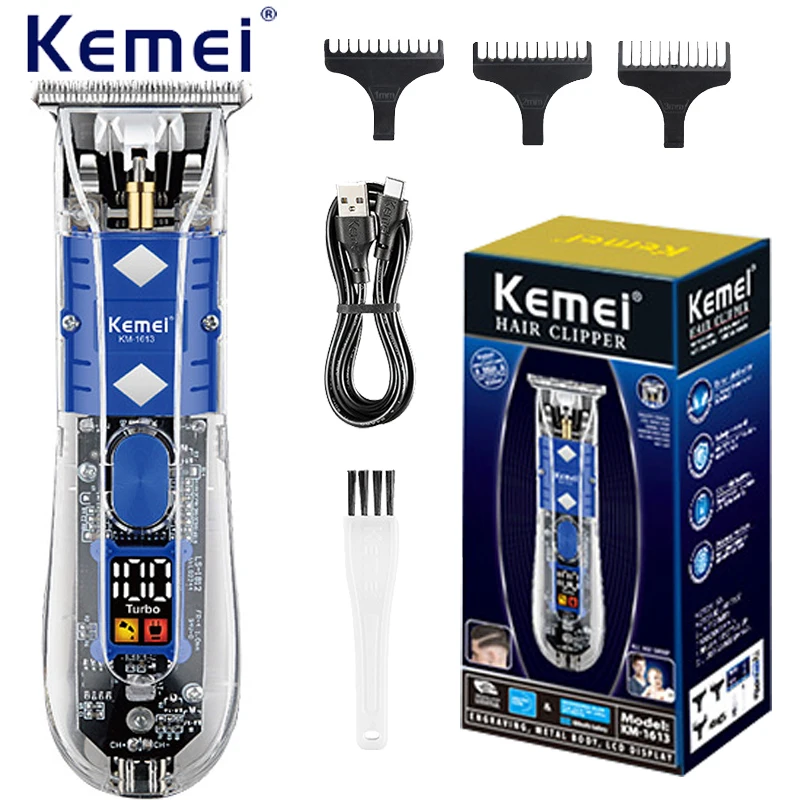 

Kemei Rechargeable Hair Cutting Machine Barber Shop Fade Hair Clippers LCD Display Cordless Trimmer Transparent Cover KM-1613