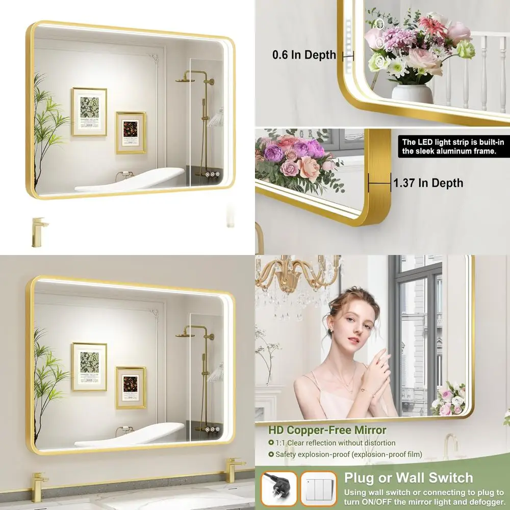 

Зеркало для ванной с LED-подсветкой в золотой раме, 40x28 дюймов, 3 цветовые температуры, с регулировкой яркости, настенное, с функцией антизапотевания и...