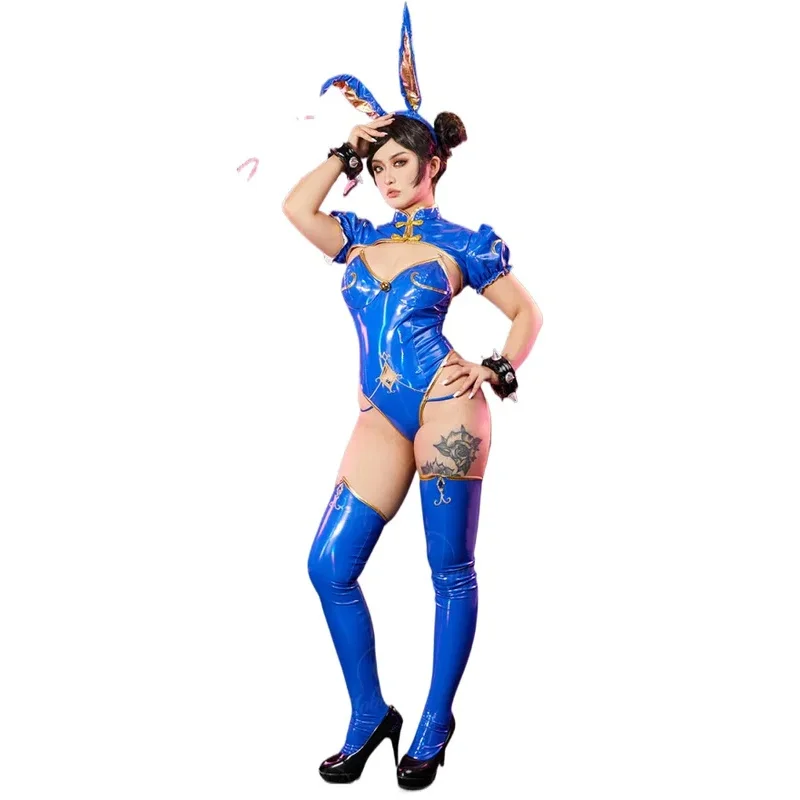 

XT8Mobbunny Chun-Li Women Hot Sexy Lingerie Bunny Girl Cosplay Costume Bodysuit and Top with Thigh SocksXT6@!