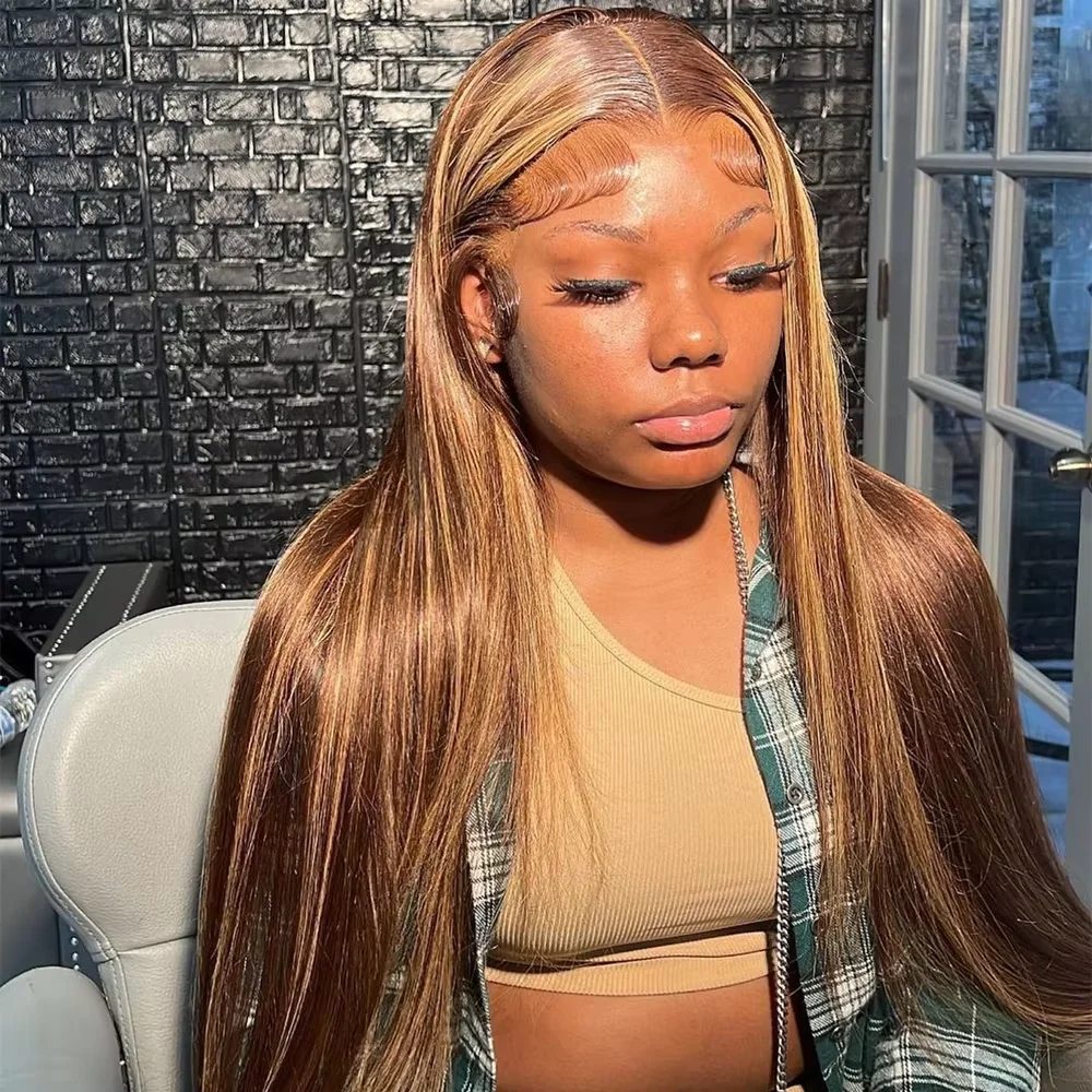 Peruvian 30 32 Inch P4/27 Highlight 250% Density 13x4 HD Lace Front Human Hair Wigs Straight Honey Blonde Glueless Frontal Wigs