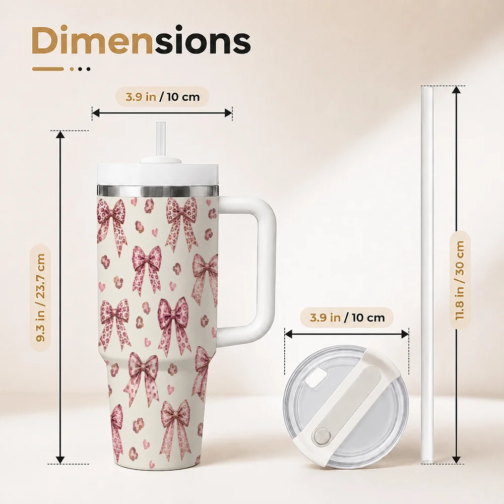 Pink Leopard Bow Pattern Vacuum Flasks 40oz Stainless Steel Insulated Tumbler With Handle & Straw Leakproof Travel Mug