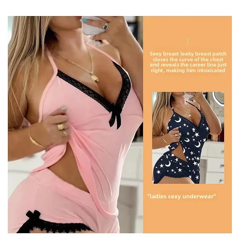 Sommerliche Freizeit-Loungewear für Damen: Ärmelloses, sexy Nachthemd mit Spitzenbesatz, Homewear, Träger-Schlafanzug, Shorts und Träger-Pyjama-Set – Detail 6
