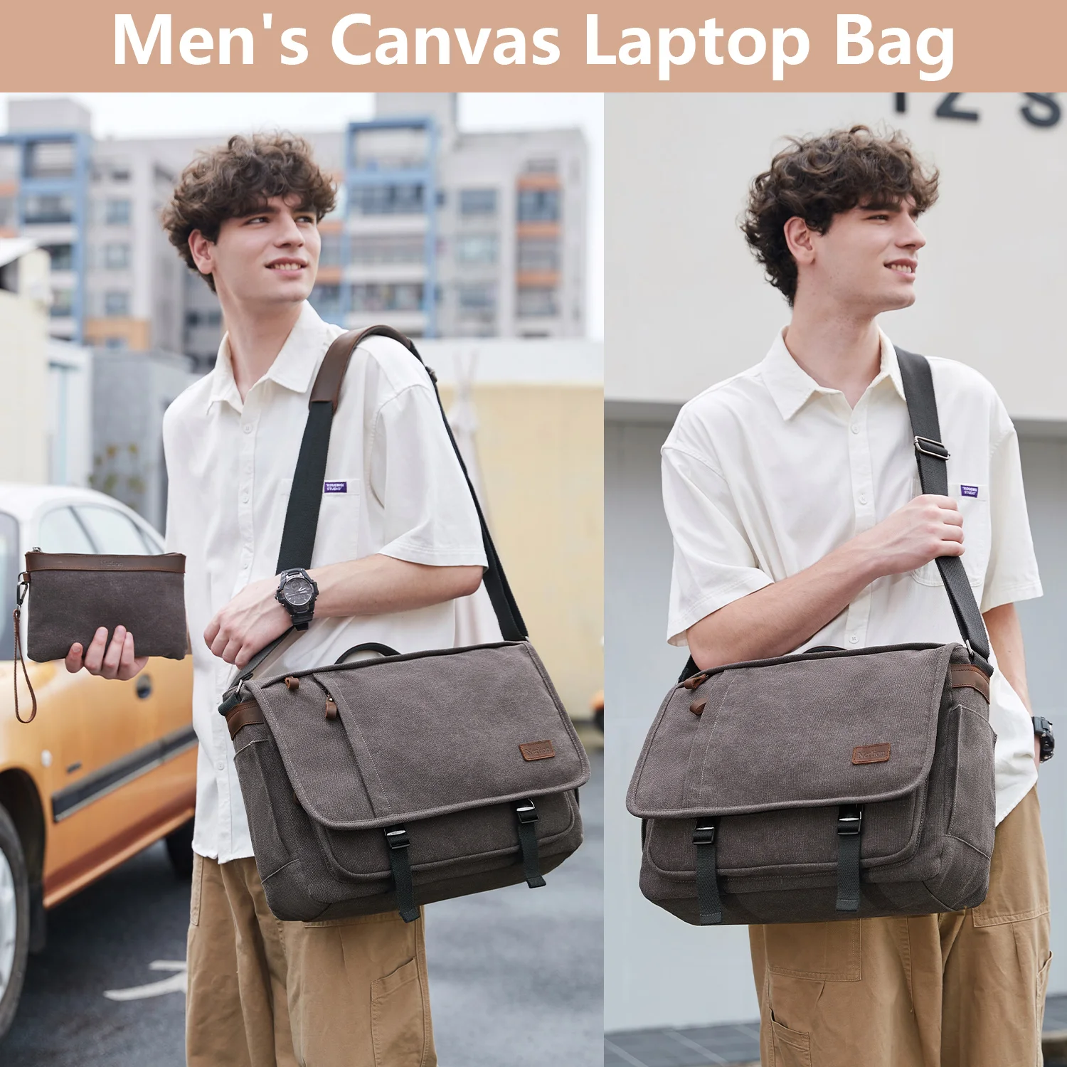 Waterproof Canvas Messenger Bag for Men, Messenger Bag  ,Shoulder Bag, Casual Computer Bag, Business Bag, Crazy Horse Cowhide