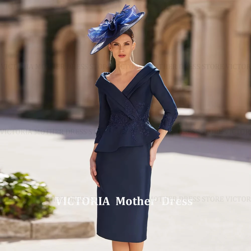 

Customized Elegant Mermaid Mother of the Bride Dresses V Neck 3/4 Sleeves Short Wedding Party Gowns Appliques Knee Length Satin