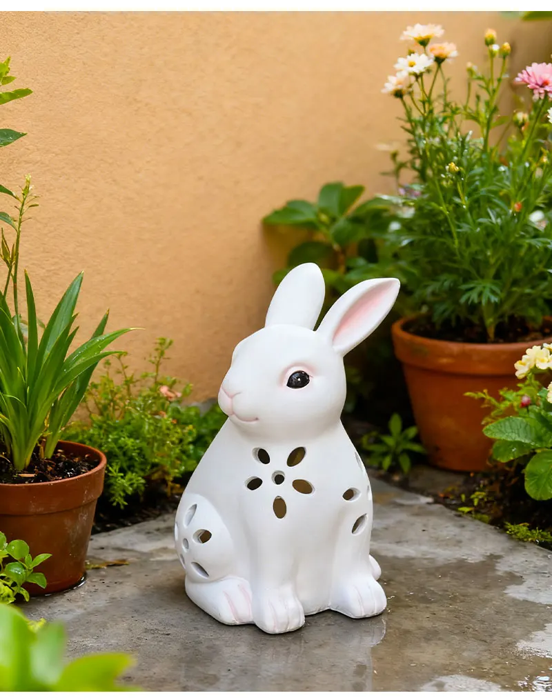 Lighted Hollow Solar Easter Bunny for Lawn and Yard Decor Resin Rabbit Ornament with Auto Nighttime Illumination