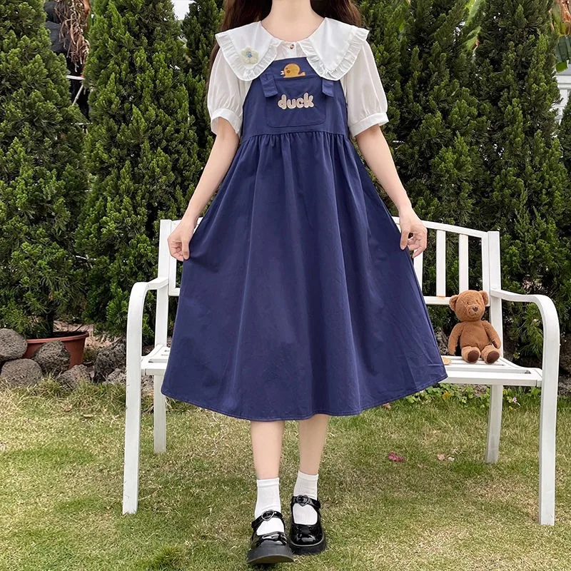 

Girls Middle School Students Summer New College Style Skirt Fake Two Embroidered Doll Neckline Sweet Cute Color Matching Dresses