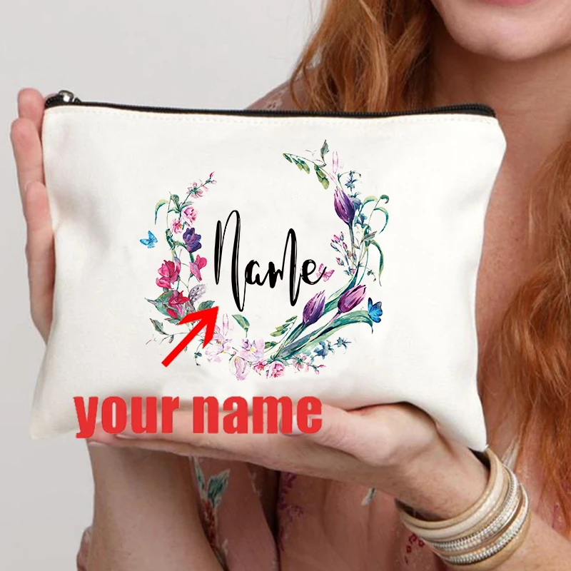 Bolsa de maquillaje personalizada con nombre Floral, estética personalizada con nombre, el mejor regalo para profesores de dama de honor, estuche de cosméticos, bolsas de aseo