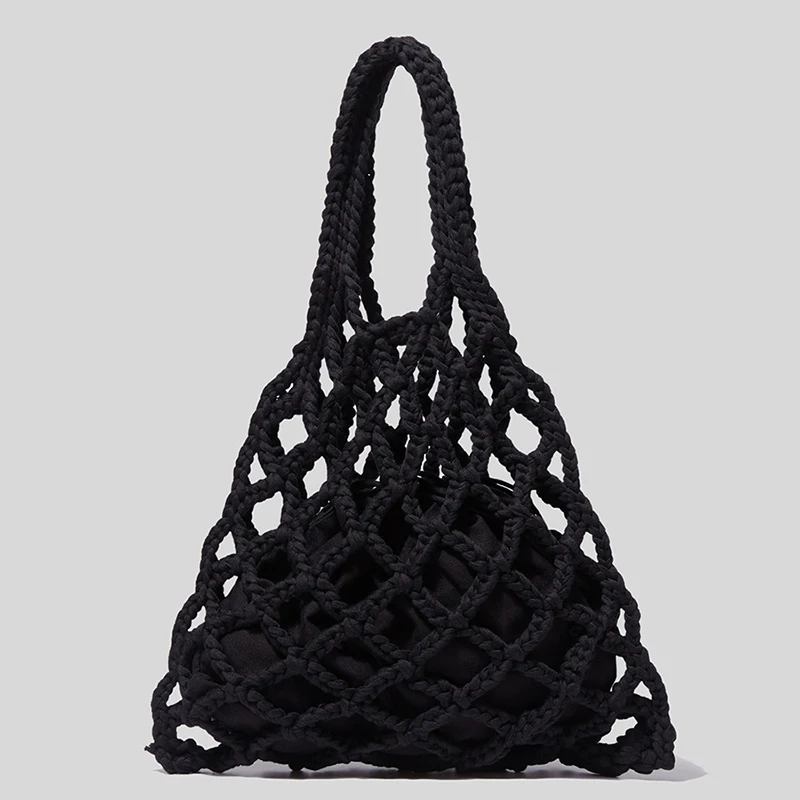 Cotton Rope Woven Women\'s Handbags 2 Piece Mesh Bag Designer Bohemian Summer Straw Beach Bags Female Cutout Tote Bag Purses