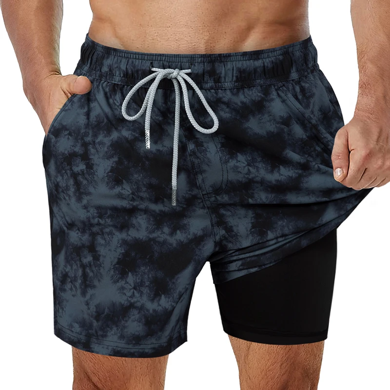 SURFCUZ Mens Swim Trunks with Compression Liner Stretch Beach Shorts Quick Dry No-Chafing Swim Board Shorts with Pockets for Men