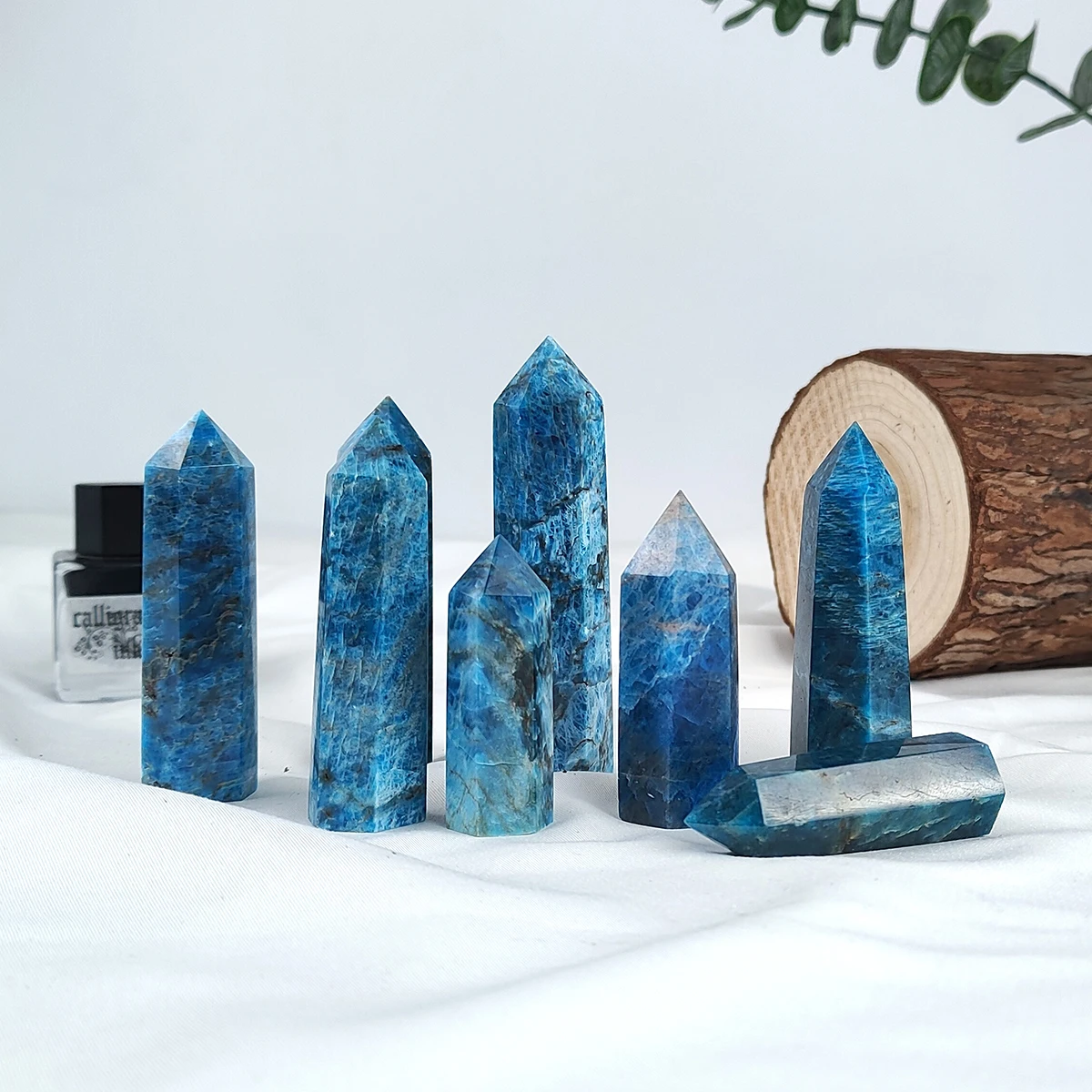 Natural Crystal Blue Apatite Single Point Wand Reiki Healing Polished Gemstone Hexagonal Obelisk Column Home Desk Decoration