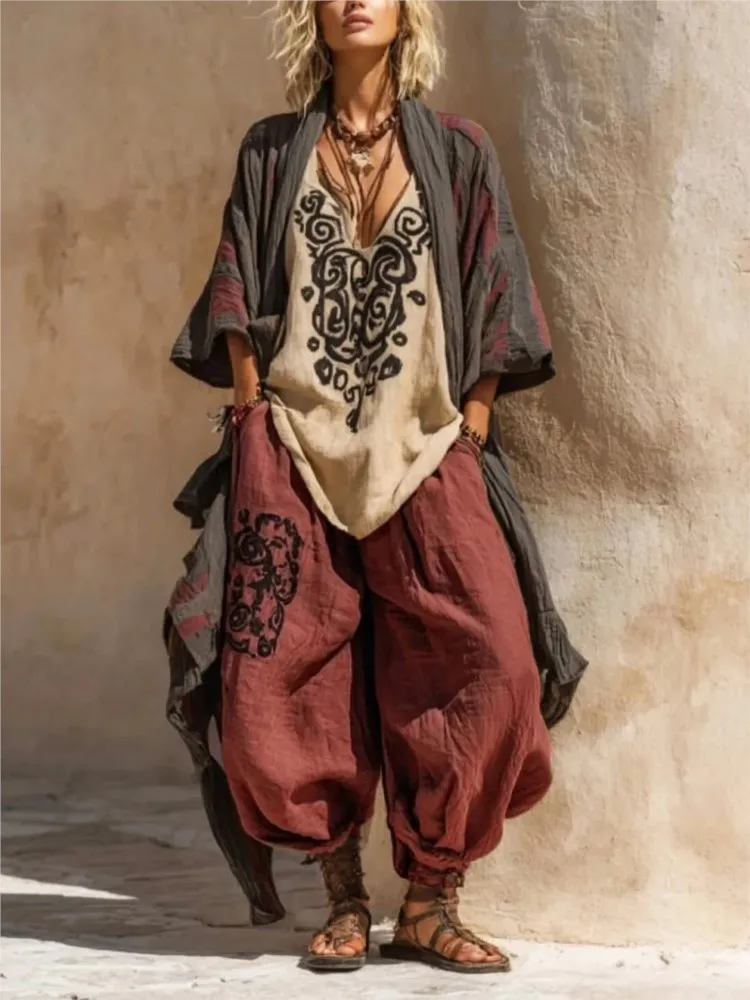 Women's Three Piece Set Loose Tribal Print Top Harem Pants Open Front Cardigan Comfortable Casual Outfit Vintage Fashion Suit