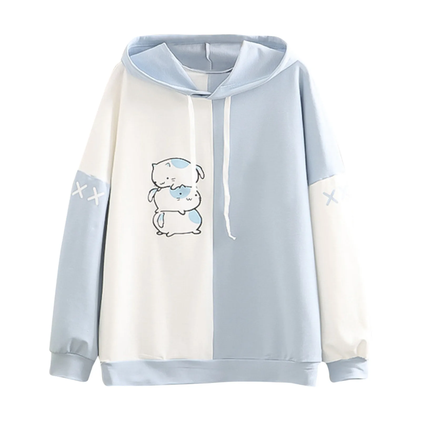 Harajuku Hoodies Cartoon Cat Printed Hooded Baby Blue Sweet Sweatshirt Women Autumn Casual Warm Female Cute Kawaii Top Tracksuit