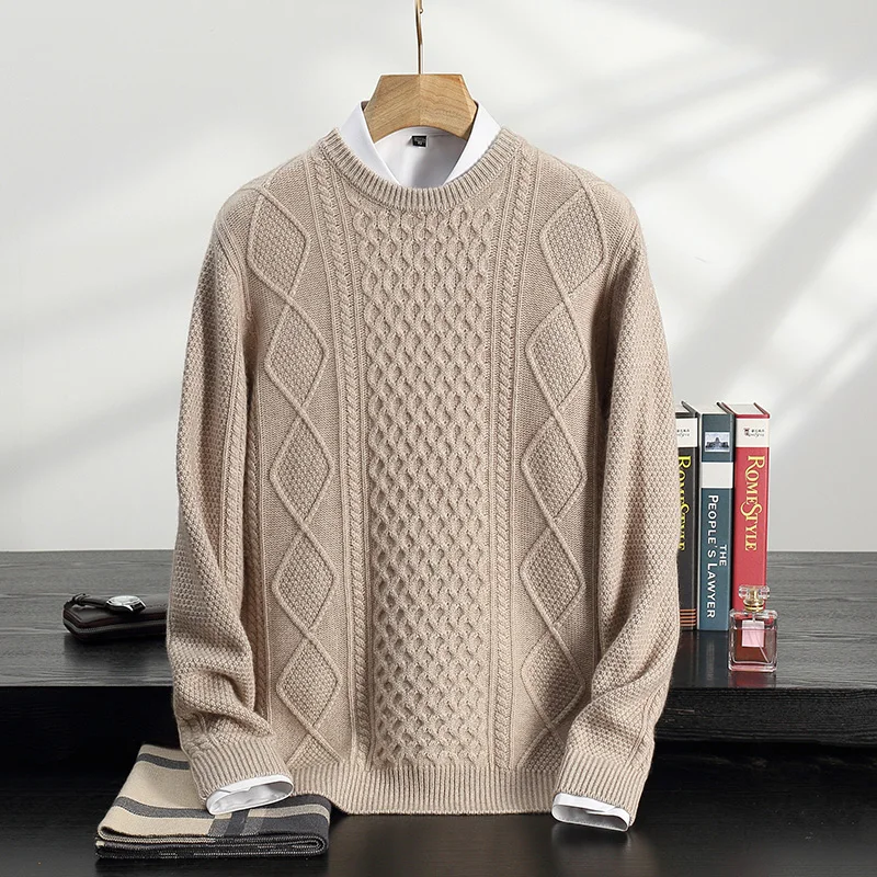 Autumn and Winter New 100% Cashmere Sweater Men's Round Neck Thickened Knitted Pullover for Casual Warmth Long Sleeve Men's Wear
