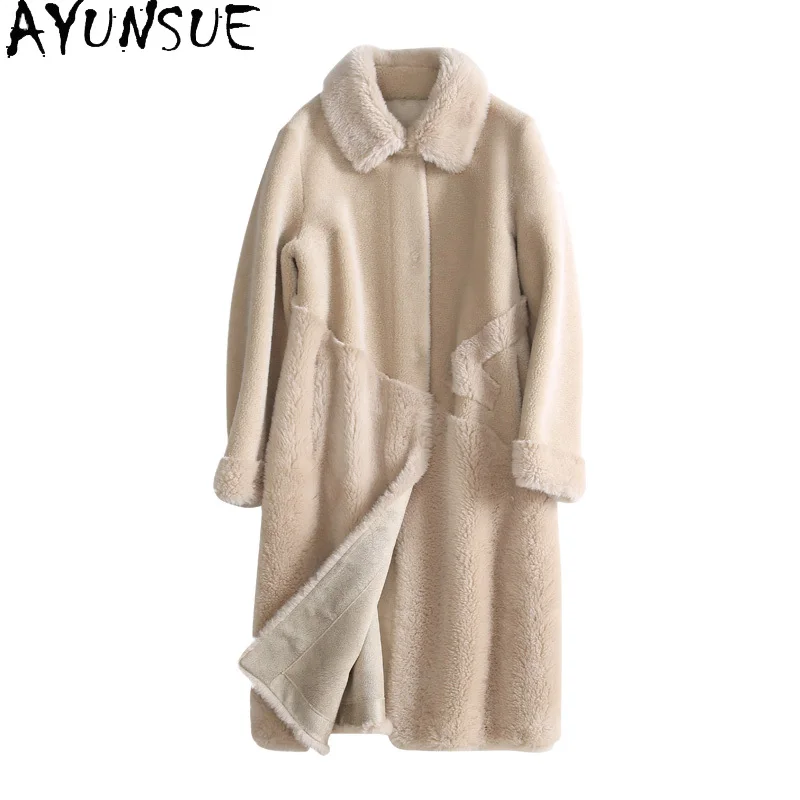 AYUNSUE 100% Wool Coats Real Fur Coat Womens New in Outerwears Women Clothes Winter Long Coat Composite Sheepskin Fur Шуба 2024