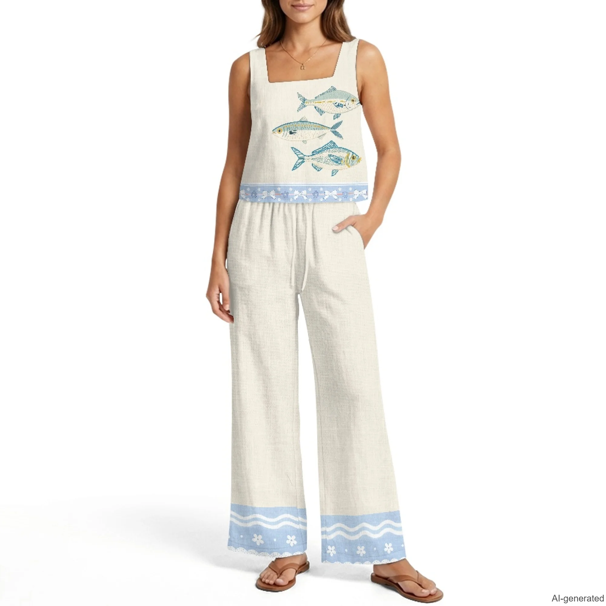 

XIXIRIMIDO Women's Linen Two Piece Fish print Sleeveless Tops Wide-Leg Pants Lounge Set Beach Vacation Outfits with Pockets