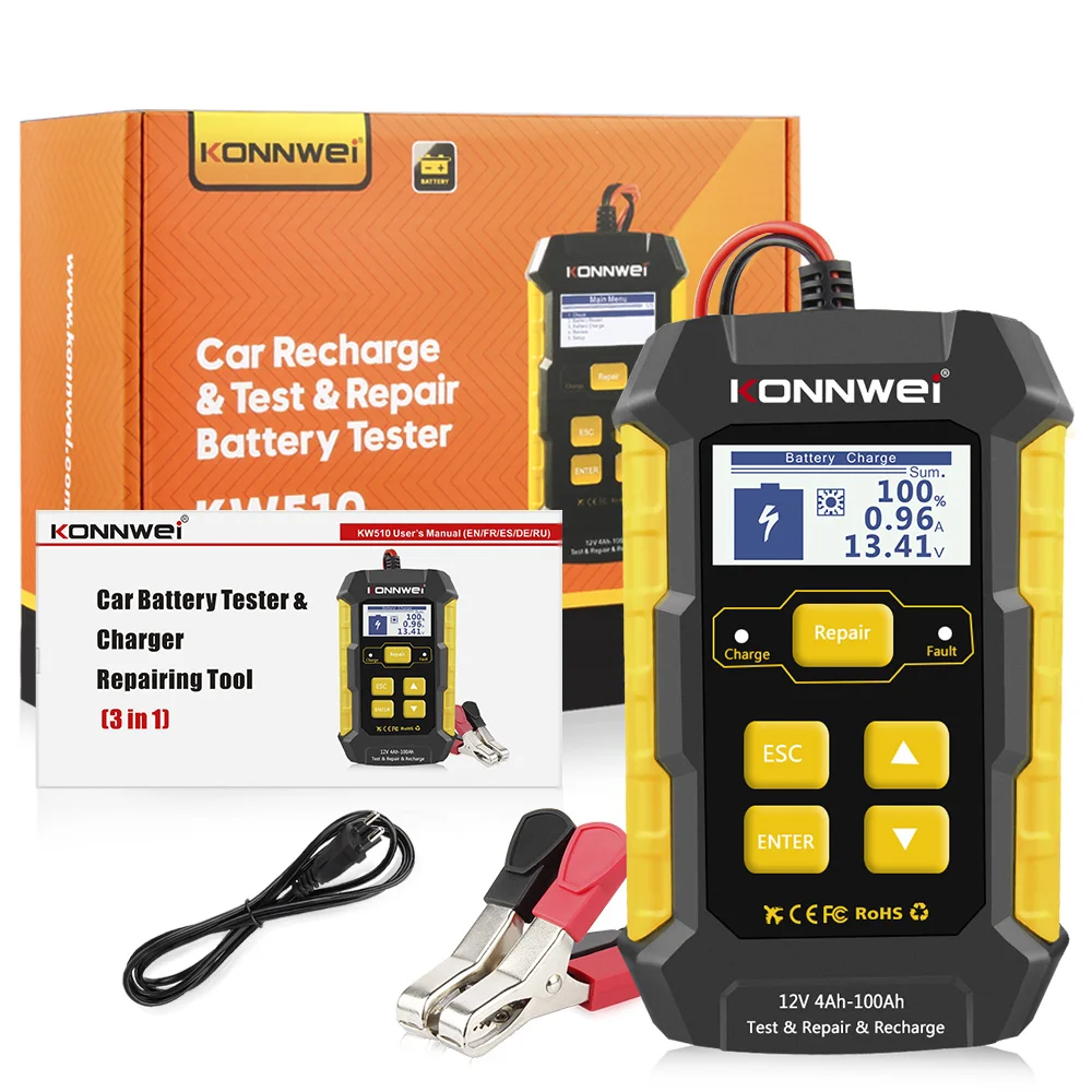 KONNWEI KW510 Full Automatic 12V Car Battery Tester Pulse Repair 5A Battery Chargers Wet Dry AGM Gel Lead Acid Car Repair Tool