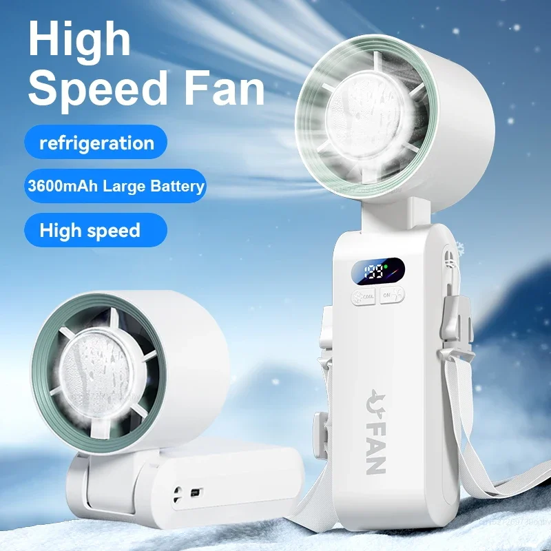 Turbo Fan Mini Portable Handheld Fan Foldable Hanging Neck Fan 3600mAh Rechargeable High Speed Ice Cooling Portable Turbo Fan