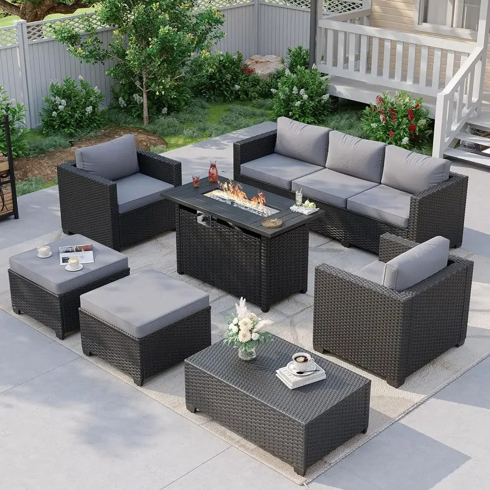 

7-Piece Outdoor Patio Furniture Set with Fire Pit, Wicker Ottomans, and Waterproof Cover
