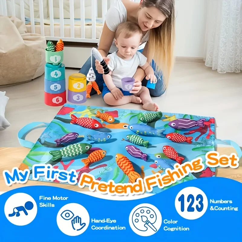 21 قطعة من ألعاب الصيد التفاعلية للأطفال - لغز تكديس الأسماك الملونة، تطوير المهارات الحسية والحركية
