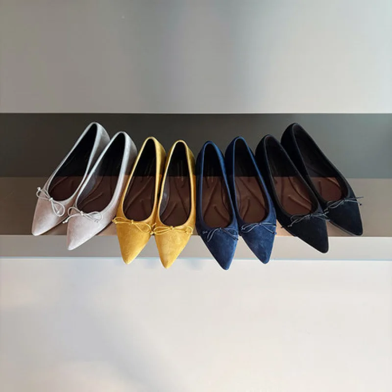 

Elegant Solid Color Ballet Flats With Bow Charm For Women Parchment Suede Flats With Slip On Design For Autumn Daily Wear