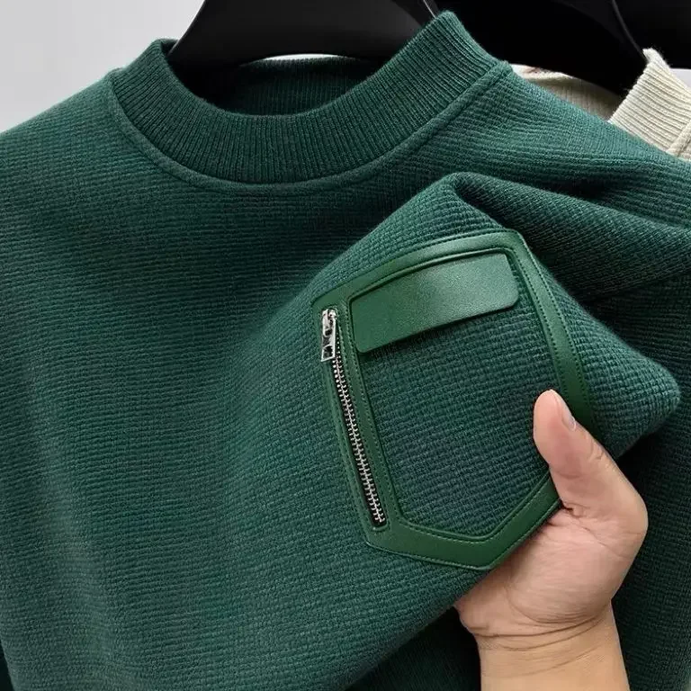 Camiseta Masculina de Moletom Grosso com Zíper e Bolso Falso, Gola Redonda, Manga Longa, Quente para Outono/Inverno, Casual