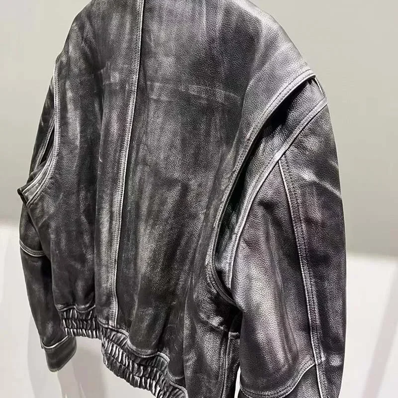 ใหม่ 2025 ของแท้หนังหนังผู้ชายแฟชั่น Turn-Down COLLAR แขนสั้น Handwear ฝีมือสั้นความยาวแขนยาว