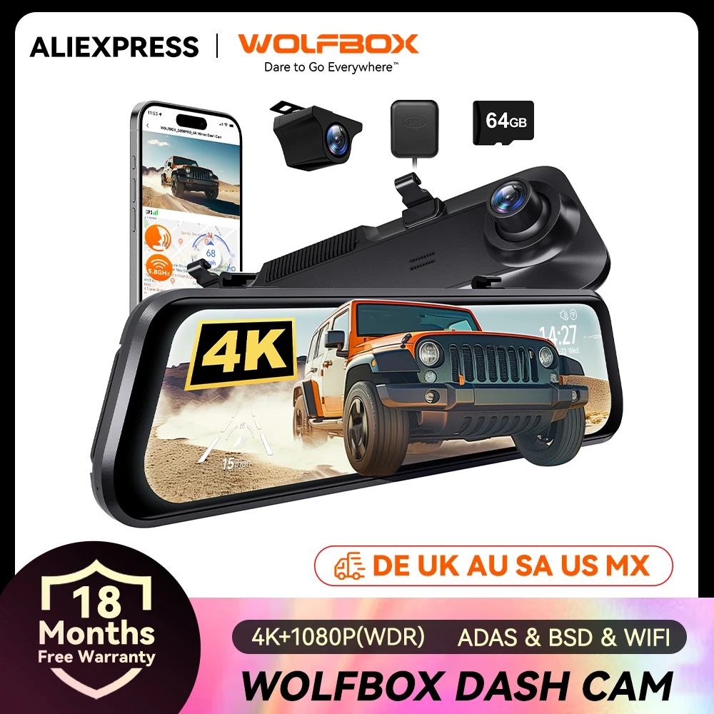WOLFBOX G850 PRO 4K WIFI miroir caméra de tableau de bord avec ADAS et BSD 5.8GHz WiFi commande vocale voiture DVR rétroviseur 12 pouces