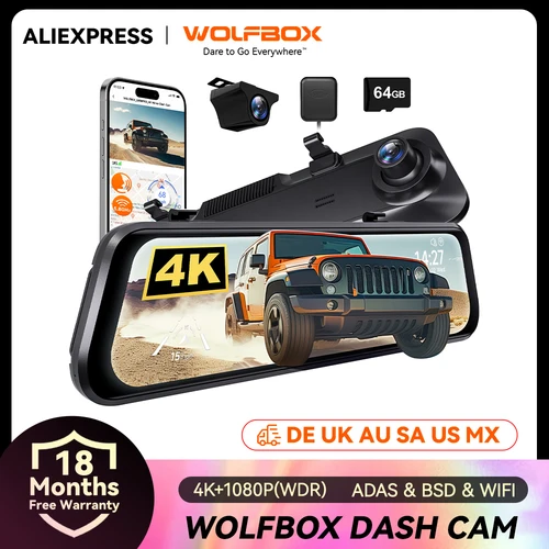 Imagen 1 del producto WOLFBOX G850 PRO 4K WIFI Mirror Dash Cam con ADAS y BSD 5,8 GHz WiFi Control de voz coche DVR espejo retrovisor 12 pulgadas