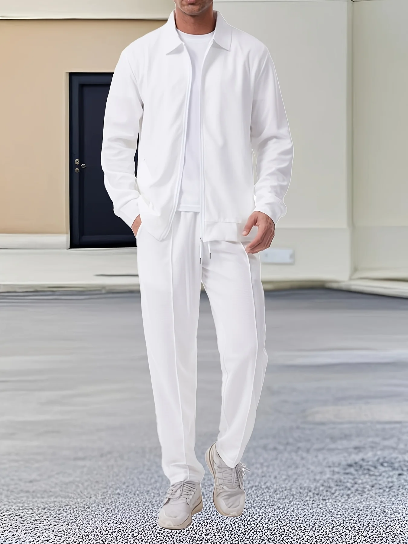 Мужской однотонный спортивный комплект из 2 предметов с длинными рукавами, куртка на молнии и брюки, подходит для занятий спортом на открытом воздухе