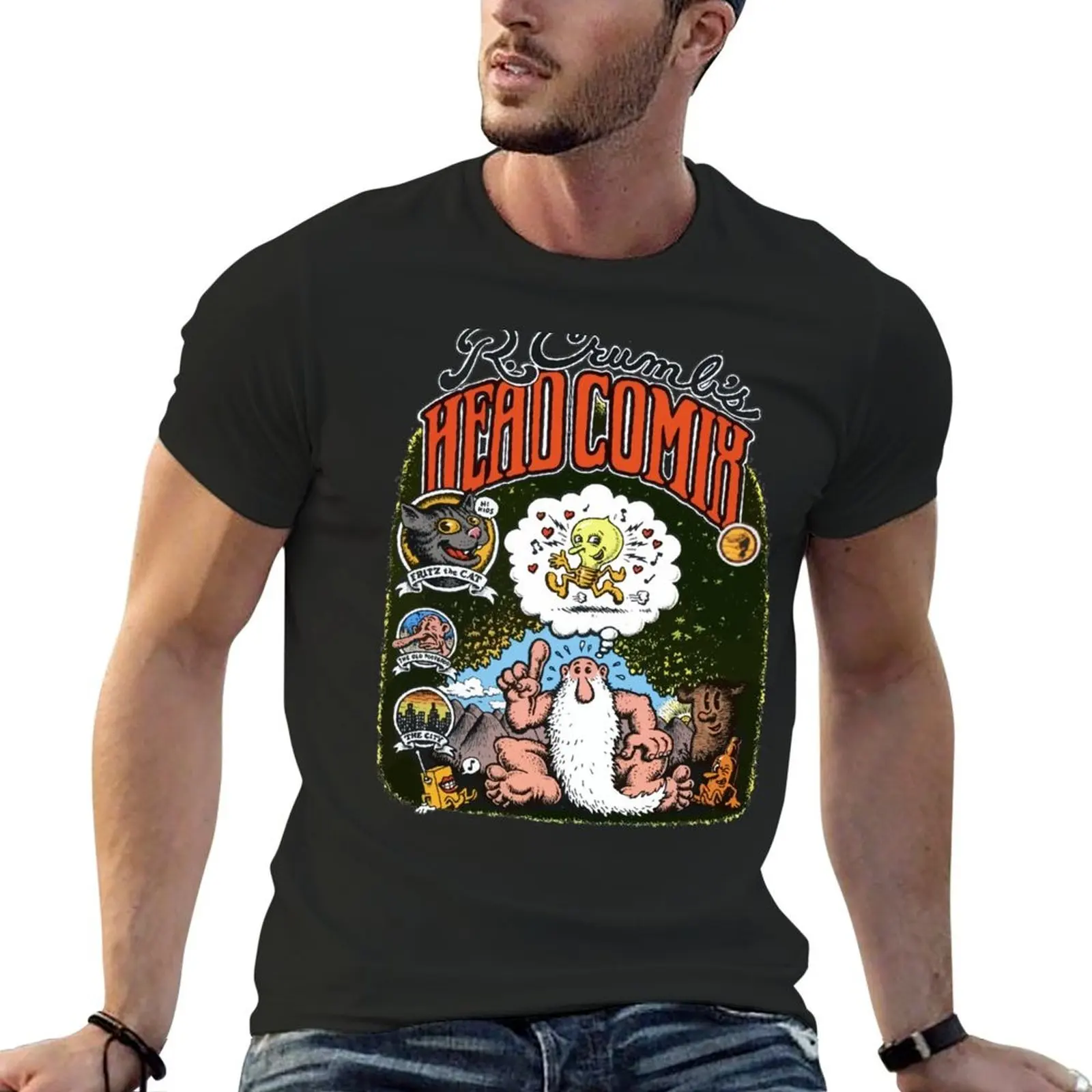 1988 R, Crumb's Head Comix 20 Years Later Vintage Fritz the Cat + Mr, Natural Clasic Counter Culture Comic Book Cartooni T-Shirt