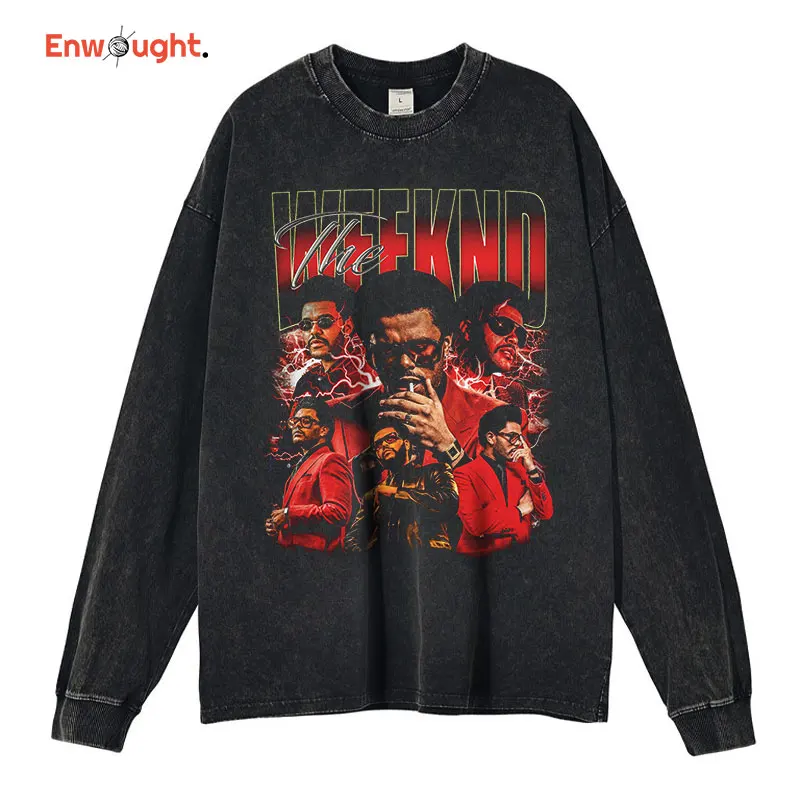 The Weeknd Long Sleeve T-shirt Vintage Washed Hip Hop DTG Printing Sweatshirts Pullover Oversized Harajuku Tops Tees Men Cotton