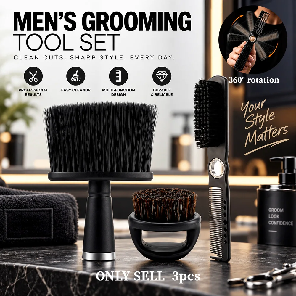 1. 3-Piece Professional Hairdressing Brush Set, Soft Bristle Neck Brush, Boar Bristle Beard Brush, 360 °   Rotatable Double-Headed Hairdressing Comb Brush, Salon Hair Cutting Cleaning Tool, Men's Hair and Beard Grooming Accessories