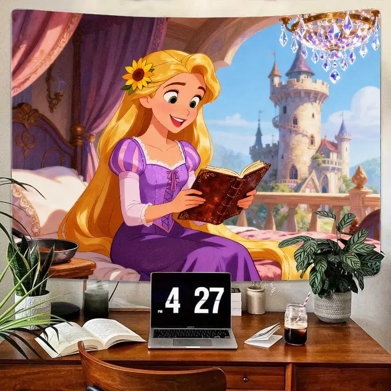 

1 шт. гобелен принцессы Рапунцель, сказочный замок и книга для чтения, настенное искусство, современный полиэстер, декор для детской комнаты, спальни, подарок.