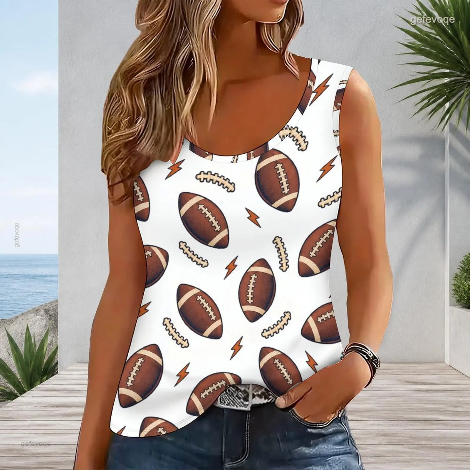 Women White Printed Sleeveless Scoop Neck Tank Top with Football Maple Leaf Acorn Star Pattern