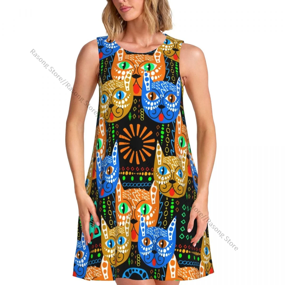 ชุดสตรีฤดูร้อน Casual T เสื้อชุดชายหาดสีสัน Tribal Ethnic แมวชุดถัง