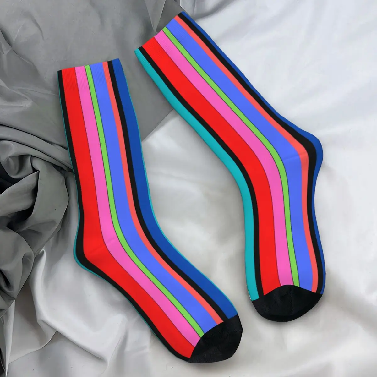 Colorblock Print Socks Rainbow Pinstripe Harajuku Stockings Unisex Breathable Running Socks Winter Graphic Anti Skid Socks