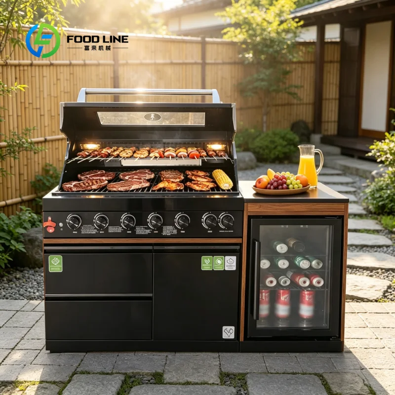 Custom Weatherproof Modular Outdoor Kitchen Set All in One BBQ Cabinet Island Featuring Glass Door Fridge and Practical Sink