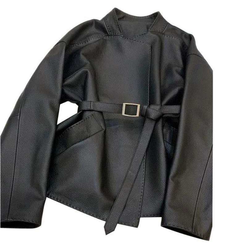 

Европейская станция, весна и осень, ретро-ремень, мотоциклетная модная куртка, маленькая темпераментная женская короткая кожаная куртка знаменитостей