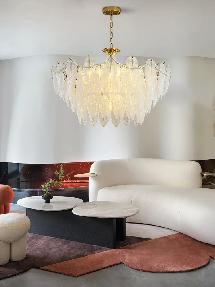 Modern French Glass Feather Chandelier Led E14 Base Decoration Living Room Bedroom Luxury White Chandeliers Lights Nordic