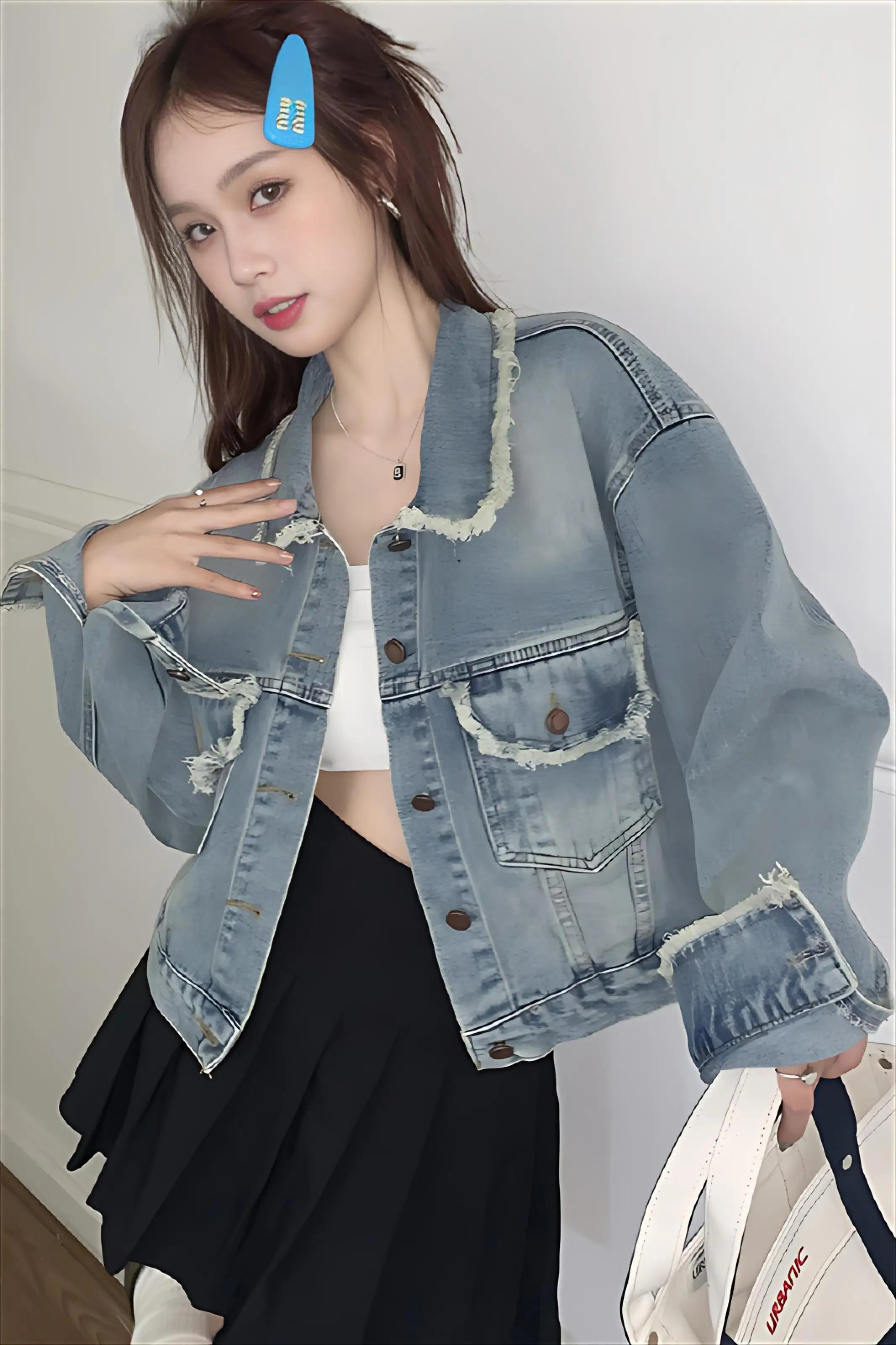 معطف الدنيم الفراء الحقيقي للمرأة الصيف خفيفة الوزن المرقعة بساطتها بالون الأكمام مطابقة ثلاثة أرباع محبوك أبلى متجدد الهواء