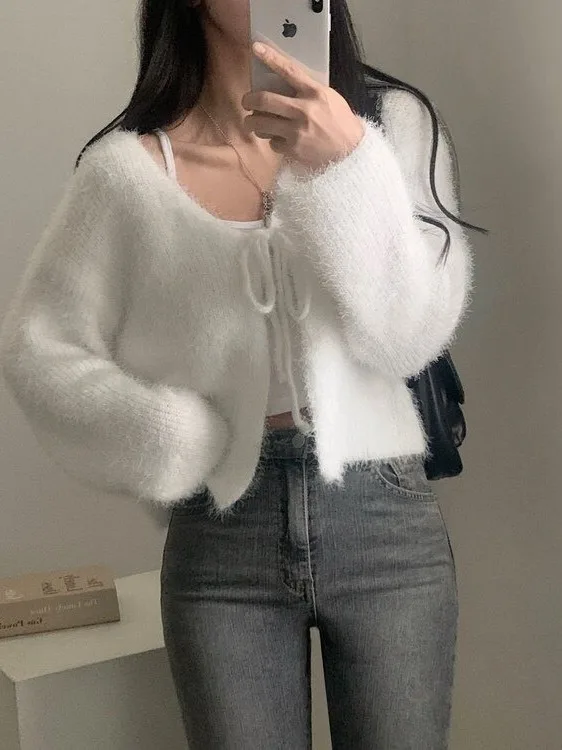 

Women's V-ne Knitted Cardigan Furry Belted Autumn Winter Faion Sweet Versatile Slimming Sweater Coat Straight Cut Long Sl...