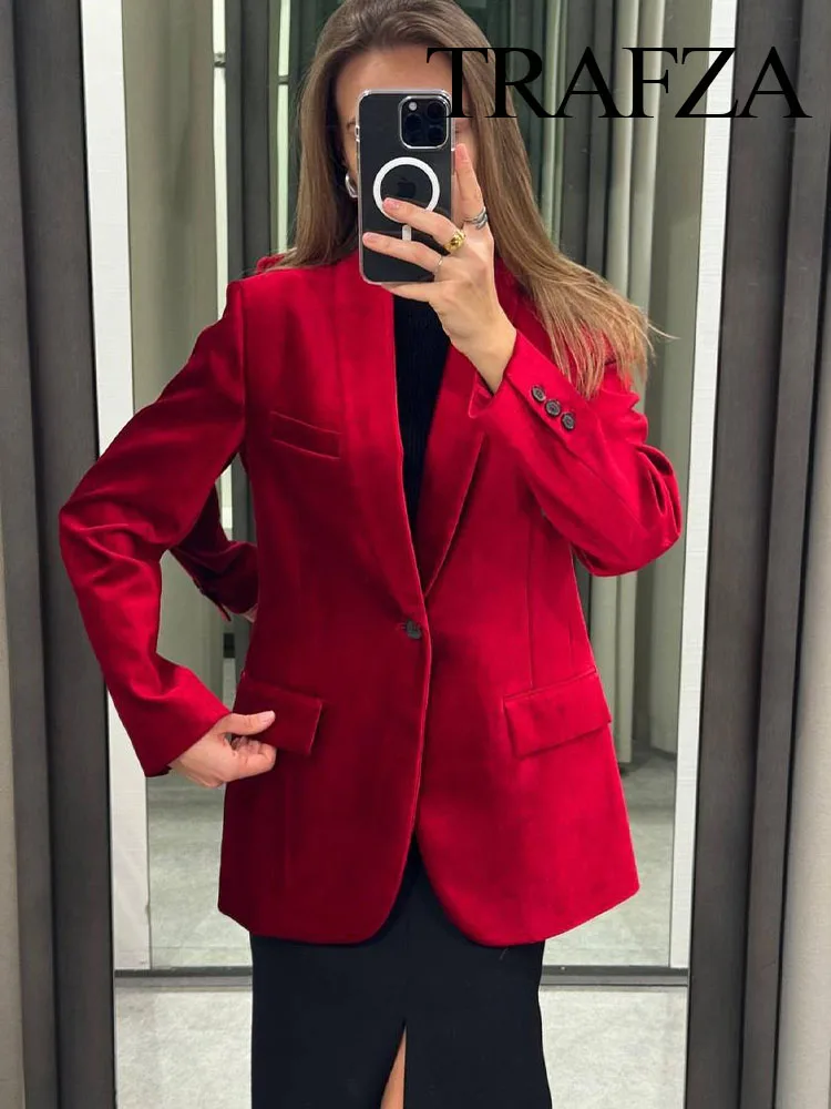 TRAFZA Spring Fashion Women Blazers Red Turn Down Collar Long Sleeves Pockets Decorate Single Button Female Chic Jacket Coats