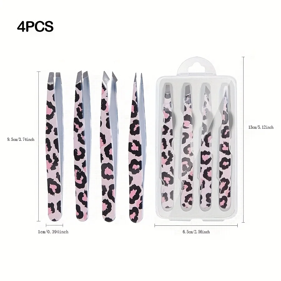 Stainless Steel Wild Leopard Print Eyebrow Tweezers Set 4pcs Makeup Sticker False Eyelashes Tool Christmas Gift