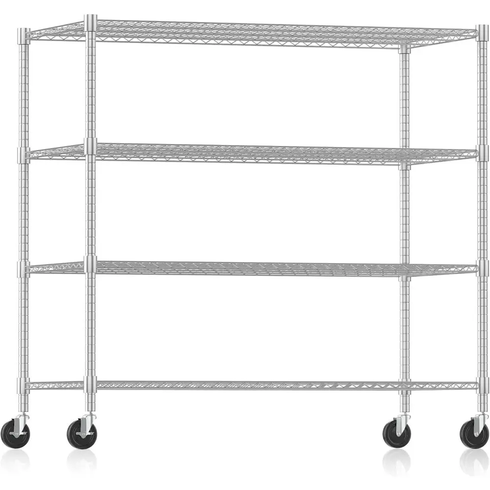 

60W 4-Tier Heavy-Duty Wire Shelving with Wheels, 2600LBS Capacity, Adjustable Metal Racks for Garage & Kitchen Storage, Silver