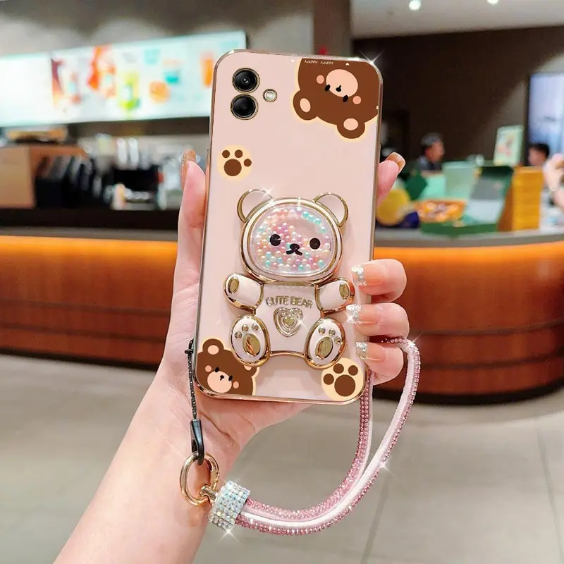 Diamond Wrist Strap Cute Bear Phone Holder Case On For Samsung Galaxy A02 A02S A03 A03S A04 A04E A05 A05S A06 Stand Back Cover