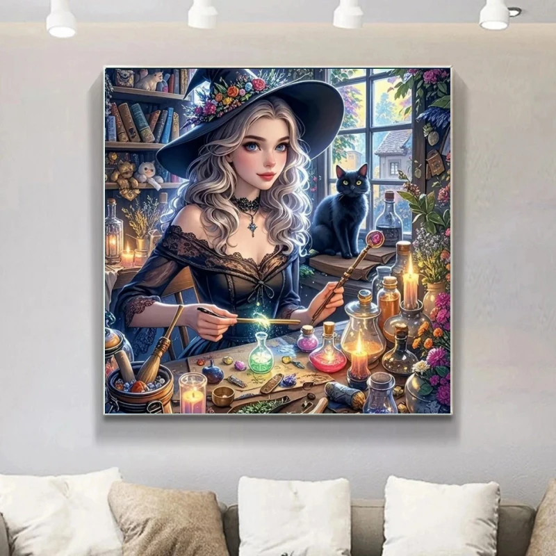 5D Diamant Malerei Kunst Stickerei Frau Porträt Magische Mädchen Katze Bild Strass Hexe Mosaik Buch Handgemachte DIY Hobby Geschenk