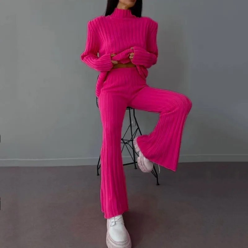 

Knitted Pullovers Winter Pants Women Pajamas Set Sweater 2 Pieces Set Solid Knit Shoulder Pad Top Fashion Casual Autumn Homewear