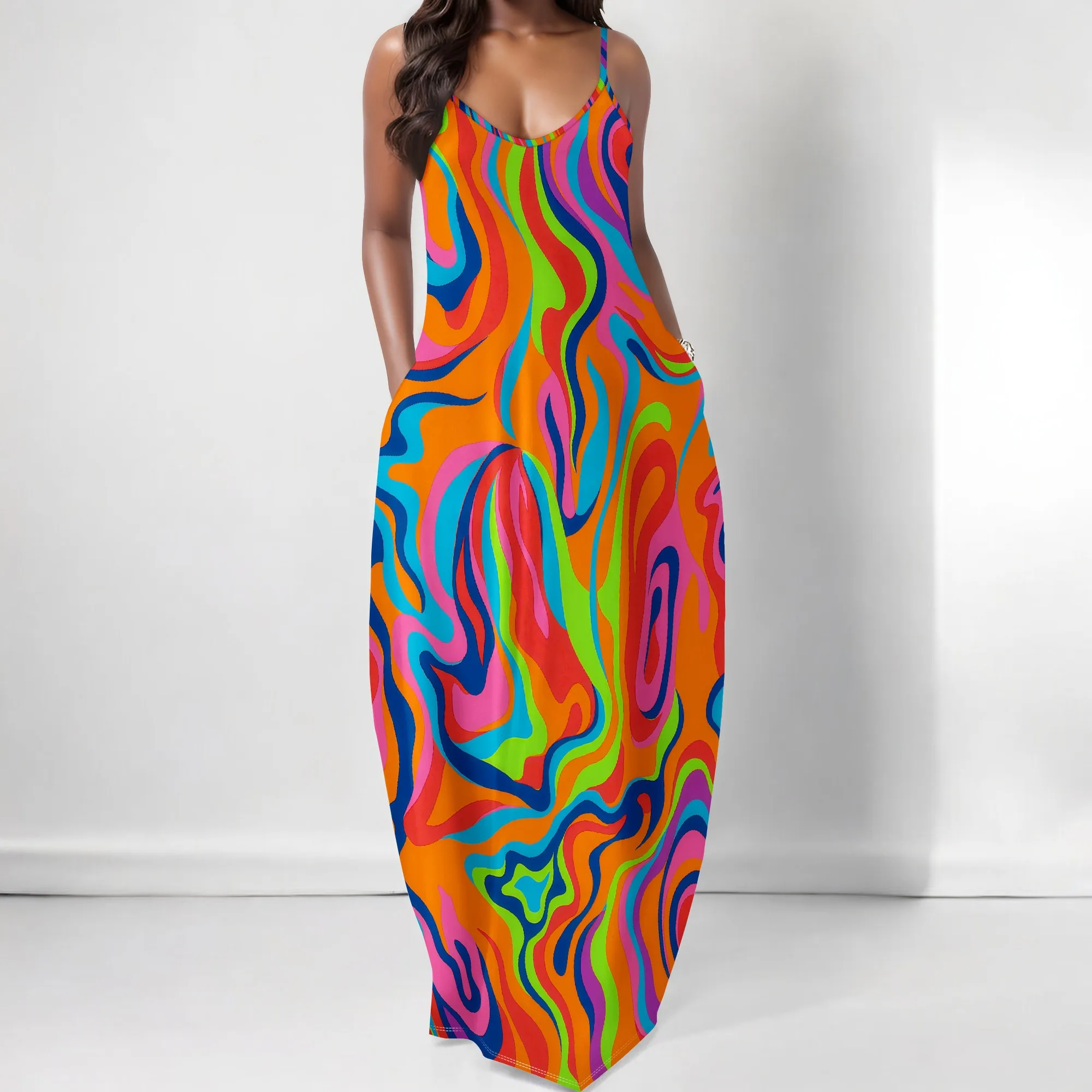 

Women's Psychedelic Print Maxi Dress Spaghetti Strap V-Neck Loose Fit Summer Beach Vacation & Music Festival Dress
