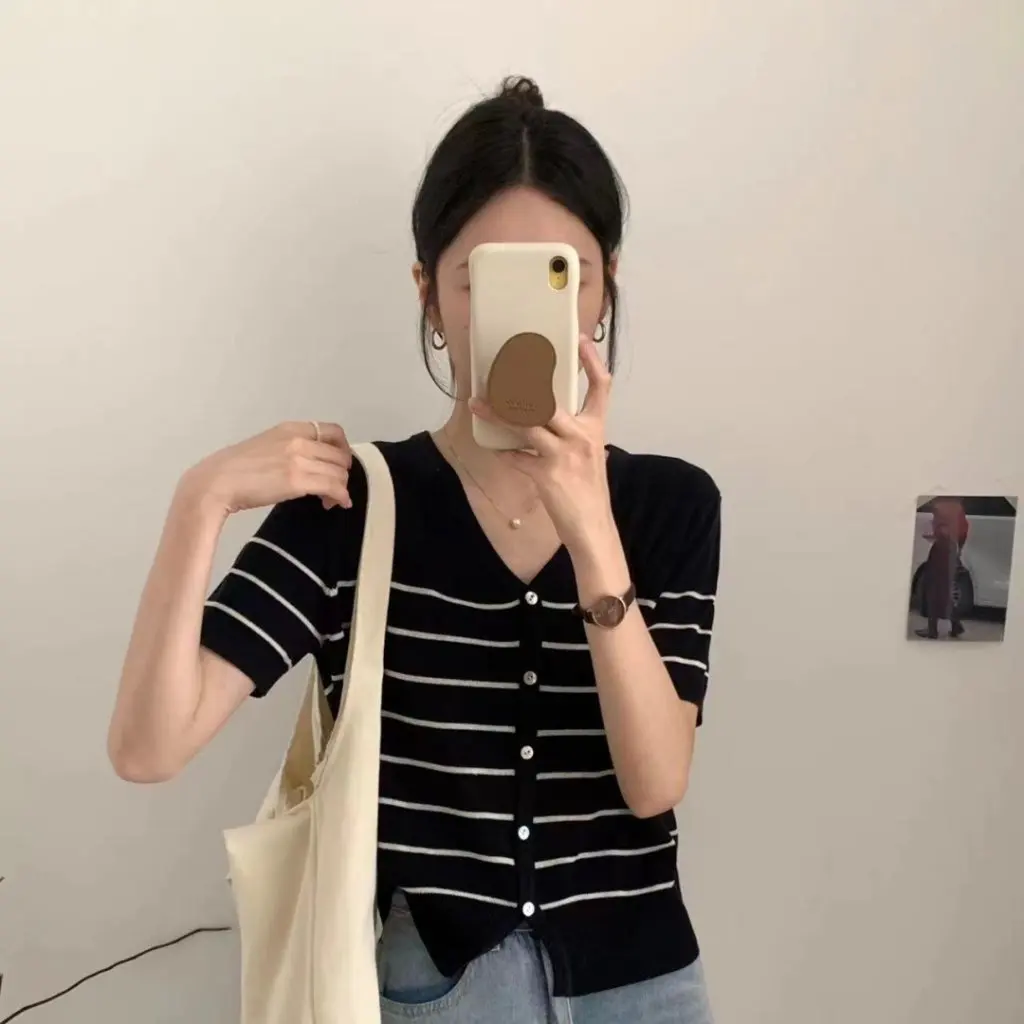 

Slimming Summer Cardigan Linen Knitwear Short Sleeve Color-Block Striped Design Loose Fit Versatile Women's Fashion Top