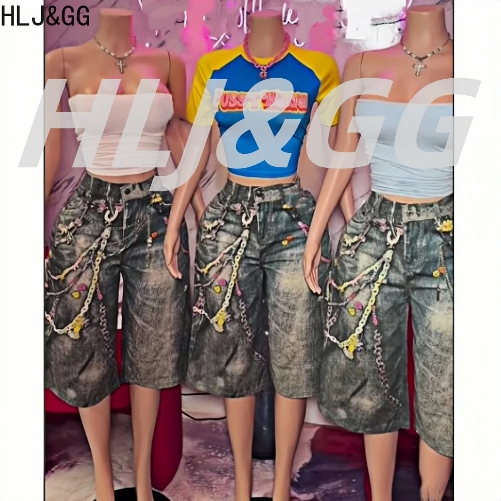 

HLJ&GG Sexy Y2K American Streetwear Women Off Shoulder Sleeveless Backless Slim Crop Top And Denim Shorts Two Piece Sets Outfits